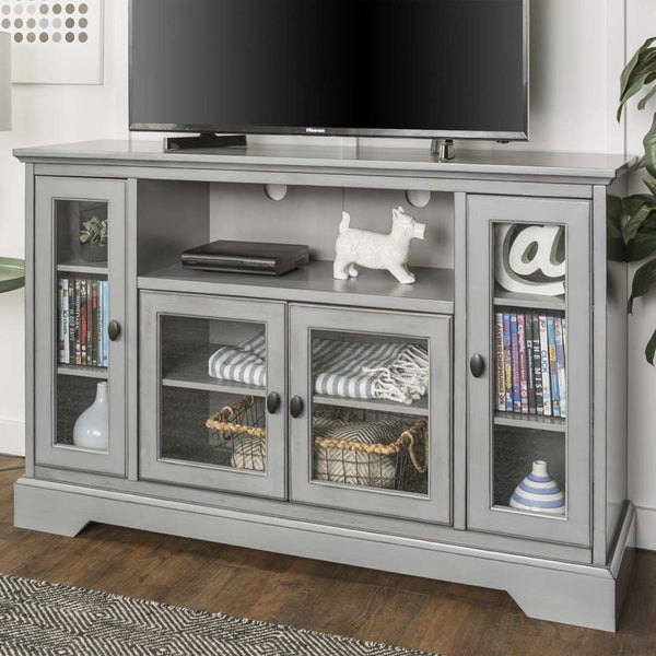 52" Transitional Highboy Glass Wood TV Stand - Stylish Entertainment Center with Adjustable Shelving