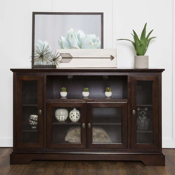 52" Transitional Highboy Glass Wood TV Stand - Stylish Entertainment Center with Adjustable Shelving