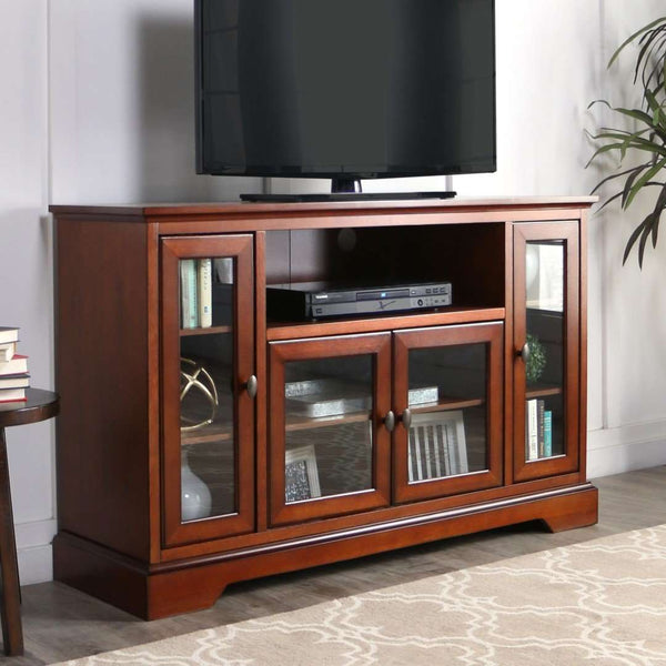 52" Transitional Highboy Glass Wood TV Stand - Stylish Entertainment Center with Adjustable Shelving