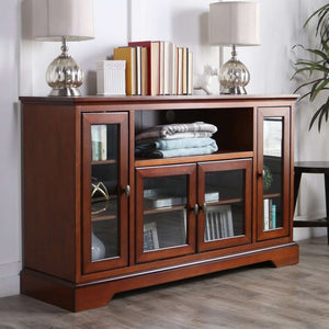 52" Transitional Highboy Glass Wood TV Stand - Stylish Entertainment Center with Adjustable Shelving