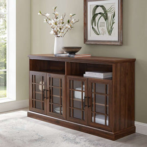 58" Elegant Glass Door Console for TVs Up to 64" - Timeless Fretwork, Adjustable Shelves & Storage