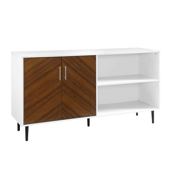 58" Mid Century Modern TV Stand - Asymmetrical Design with Bookmatched Cabinet Doors and Metal Legs