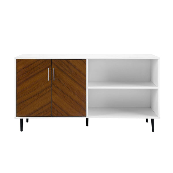 58" Mid Century Modern TV Stand - Asymmetrical Design with Bookmatched Cabinet Doors and Metal Legs
