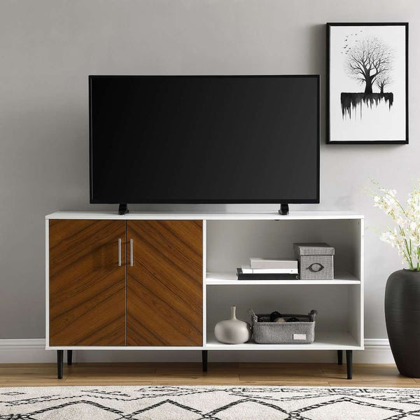 58" Mid Century Modern TV Stand - Asymmetrical Design with Bookmatched Cabinet Doors and Metal Legs