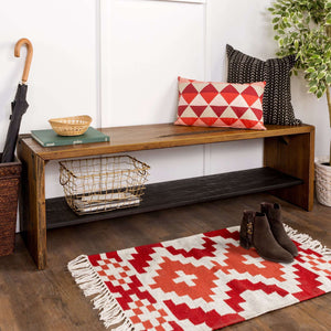 58" Modern Farmhouse Entryway Bench with Rustic Charm, Storage Shelf, and Solid Pine Construction