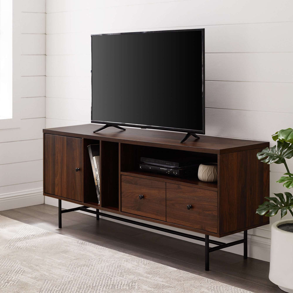 60" Vintage-Inspired Media Stand with Record Storage, Ideal for TVs Up to 66", Stylish and Functional