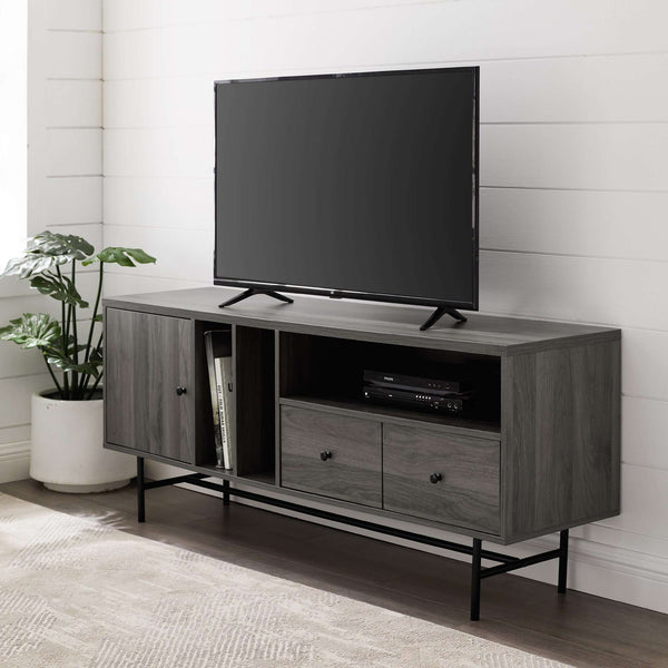 60" Vintage-Inspired Media Stand with Record Storage, Ideal for TVs Up to 66", Stylish and Functional