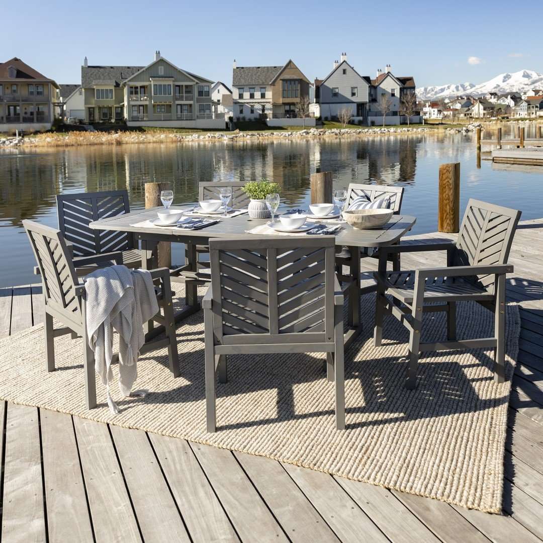 gray chevron patio umbrella Walker Edison 7-Piece Extendable Outdoor Patio Dining Set