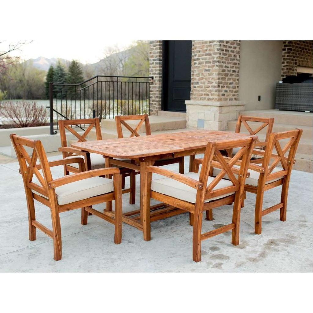 7-Piece X-Back Acacia Outdoor Patio Dining Set with Cushions -Brown in Solid Acacia Hardwood, Polyester Cushions