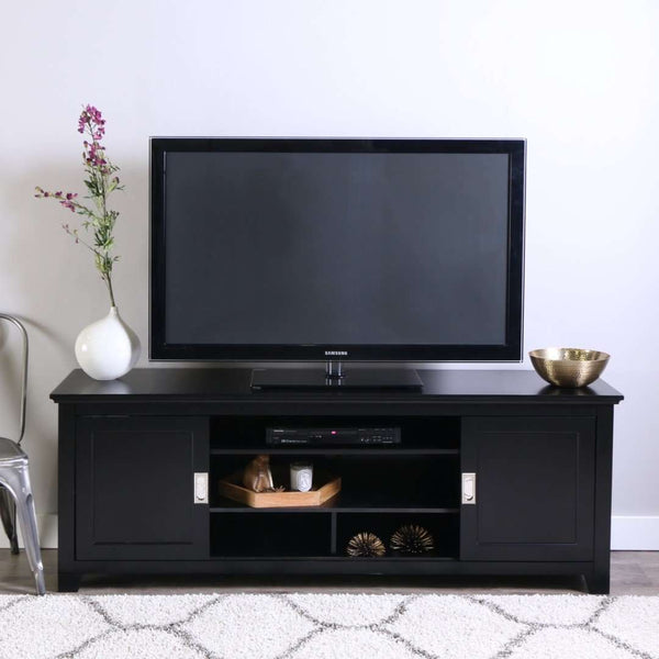 70" Traditional Wood TV Stand - Elegant Black Finish, Ample Storage, Unique Sliding Doors & Style