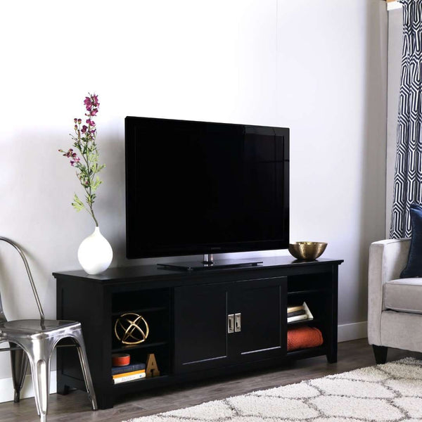 70" Traditional Wood TV Stand - Elegant Black Finish, Ample Storage, Unique Sliding Doors & Style