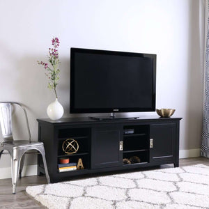 70" Traditional Wood TV Stand - Elegant Black Finish, Ample Storage, Unique Sliding Doors & Style