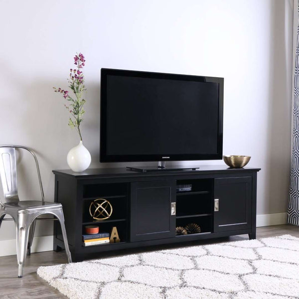 70" Traditional Wood TV Stand - Elegant Black Finish, Ample Storage, Unique Sliding Doors & Style