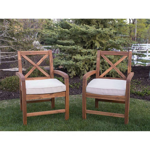 Acacia Wood X-Back Outdoor Patio Chairs with Cushions, in Solid Acacia Hardwood, Polyester Cushions - Set of 2