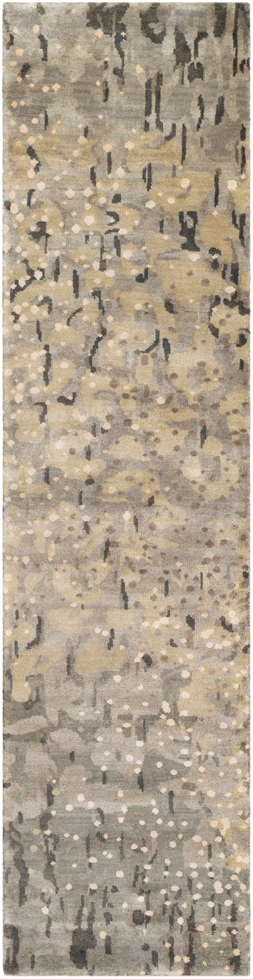 Watercolor WAT-5011 Modern Wool, Viscose Rug WAT5011-28 Black, Charcoal, Dark Green, Olive, Wheat, Cream, Tan, Medium Gray, Light Gray 80% Wool, 20% Viscose 2' x 8'