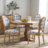 Noble House Dored French Country Fabric Upholstered Wood 5 Piece Dining Set, Dark Blue Plaid and Natural