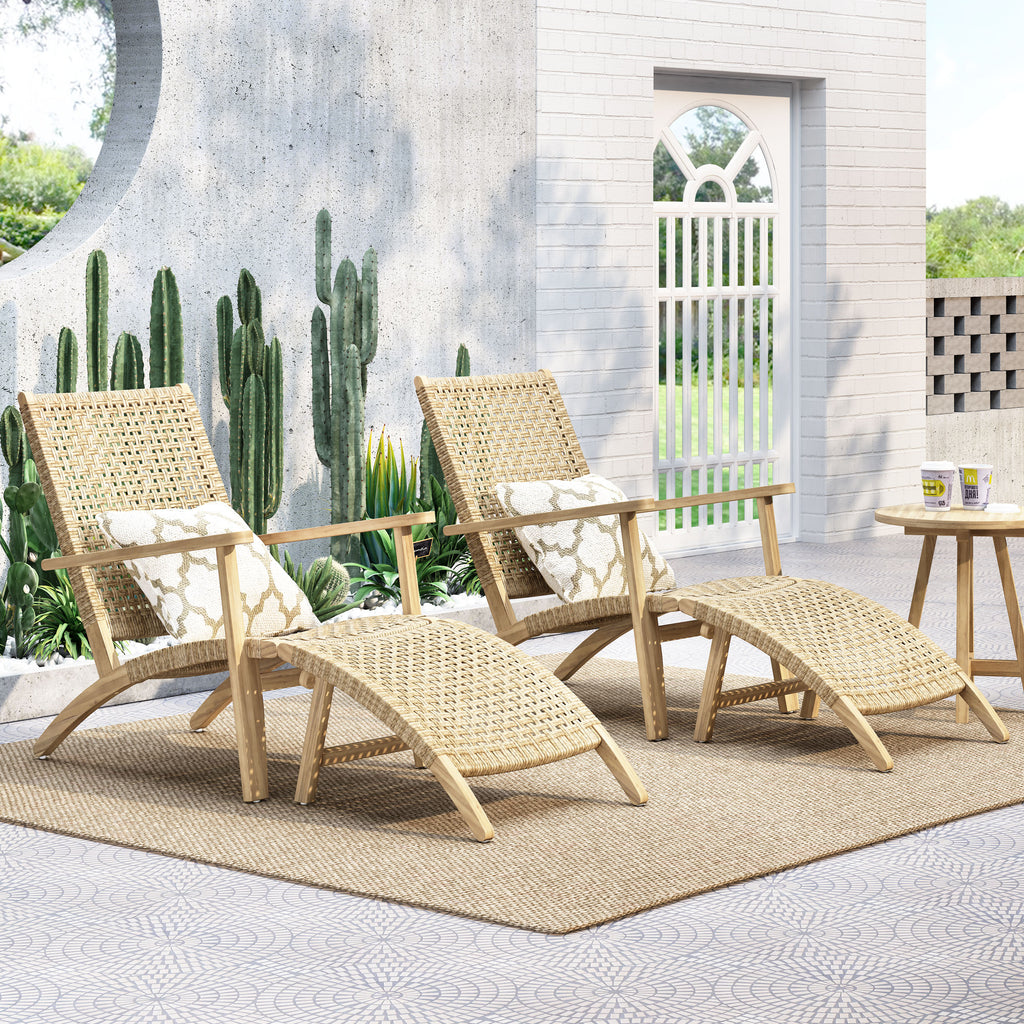 Hartwell Outdoor Wicker Lounge Chairs with Ottoman, Light Brown and Light Multibrown Noble House