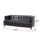 Raintree Mid Century Modern Faux Leather Tufted 3 Seater Sofa, Midnight Black and Espresso Noble House