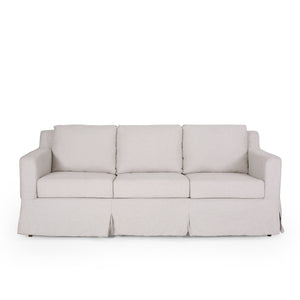 Arrastra Contemporary Fabric 3 Seater Sofa with Skirt, Light Beige Stripes and Walnut Noble House
