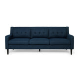 Reynard Tufted Fabric 3 Seater Sofa, Navy Blue and Espresso Noble House