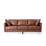 Brockbank Modern Faux Leather 3 Seater Sofa with Pillows, Cognac Brown and Silver Noble House