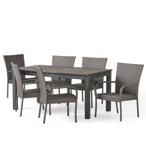 Hayes Outdoor 7 Piece Wood and Wicker Expandable Dining Set, Sandblast Dark Gray and Gray Noble House