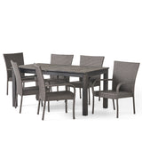 Hayes Outdoor 7 Piece Wood and Wicker Expandable Dining Set, Sandblast Dark Gray and Gray