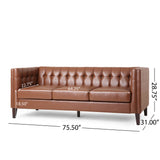 Pondway Contemporary Faux Leather Tufted 3 Seater Sofa, Cognac Brown and Brown Noble House