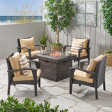 Keana Outdoor 4 Club Chair Chat Set with Fire Pit, Brown and Tan Noble House