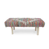 Laveta Handcrafted Boho Fabric Rectangular Bench, Ivory, Multicolor, and Natural
