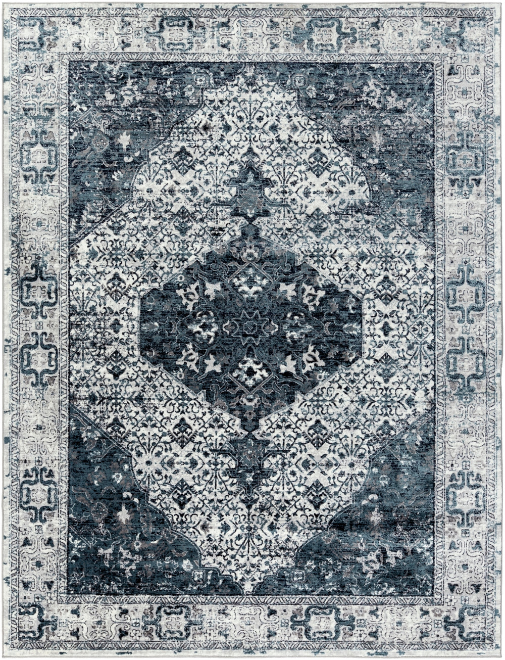 Wanderlust WNL-2305 Traditional Polyester Rug WNL2305-93123 Aqua, Navy, White, Silver Gray, Black, Charcoal 100% Polyester 8'10" x 12'4"