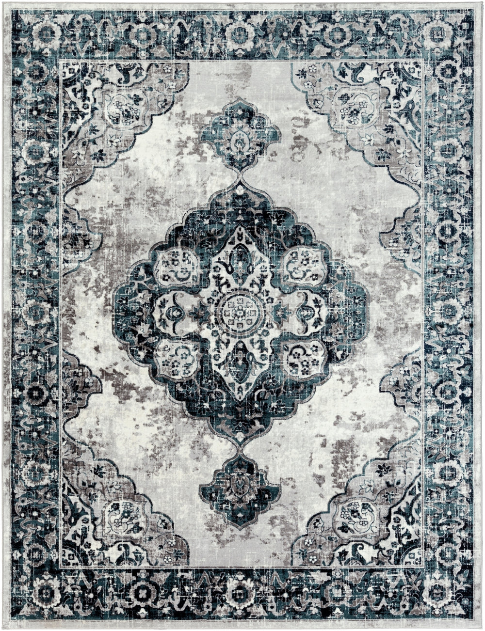 Wanderlust WNL-2311 Traditional Polyester Rug WNL2311-93123 Aqua, Navy, Silver Gray, White, Charcoal, Black 100% Polyester 8'10" x 12'4"