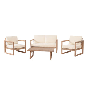 Stefan Outdoor Acacia Wood Chat Set with Cushions, Brown and Beige Noble House