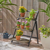 Meridien Outdoor Acacia Wood Plant Stand, Black and Gray Noble House