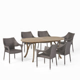 Silas Outdoor 7 Piece Wood and Wicker Dining Set, Gray Finish and Gray Noble House