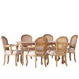 Midland French Country Fabric Upholstered Wood and Cane Expandable 7 Piece Dining Set