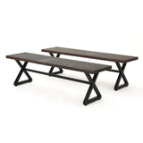 Rolando Outdoor Brown Aluminum Dining Bench with Black Steel Frame (Set of 2)
