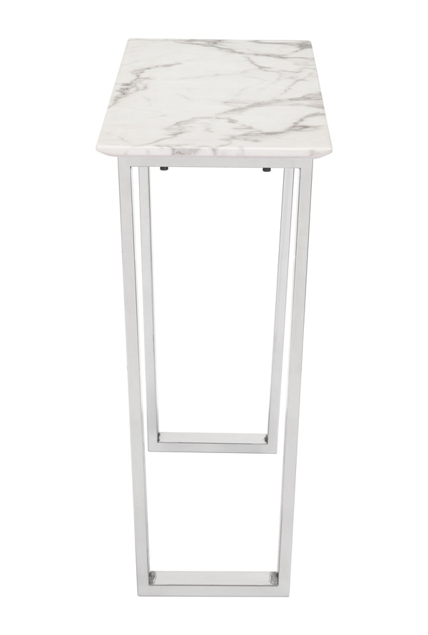 Zuo Modern Atlas Composite Stone, Stainless Steel Modern Commercial Grade Console Table White, Silver Composite Stone, Stainless Steel