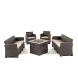 Noble House Gazena Outdoor Faux Wicker 8 Seater Sofa and Club Chair Set with Fire Pit, Brown and Mixed Beige