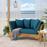 Serene Outdoor Acacia Wood Expandable Daybed with Cushions, Teak, Dark Teal, and Khaki Noble House