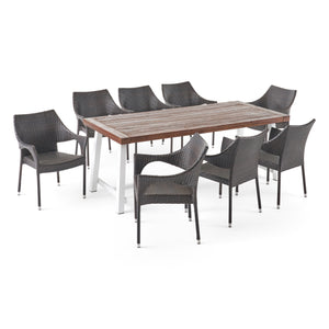 Noble House Espanola Outdoor Wood and Wicker 8 Seater Dining Set, Dark Brown and Multibrown