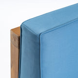 Oana Outdoor Modular Acacia Wood Sofa with Cushions, Teak and Blue Noble House