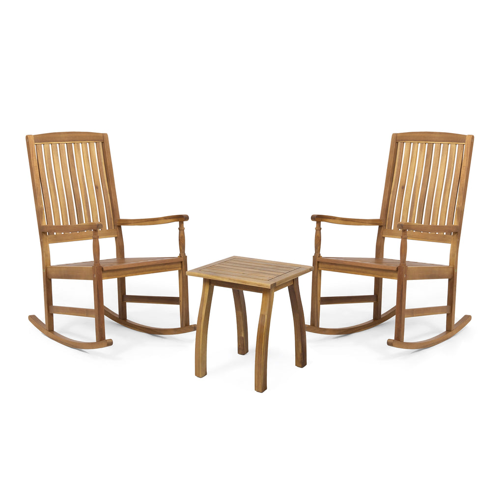 Arcadia Outdoor 2 Seater Acacia Wood Rocking Chairs and Side Table Set, Teak Noble House