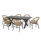 Coniston Outdoor Wicker and Aluminum 7 Piece Expandable Dining Set with Cushion, Light Brown, Beige, and Black Noble House