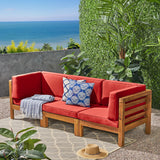 Noble House Oana Outdoor Modular Acacia Wood Sofa with Cushions, Teak and Red