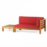 Oana Outdoor Acacia Wood Right Arm Loveseat and Coffee Table Set with Cushion, Teak and Red Noble House