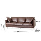 Brockbank Modern Faux Leather 3 Seater Sofa with Pillows, Dark Brown and Silver Noble House