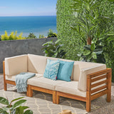 Oana Outdoor Modular Acacia Wood Sofa with Cushions, Teak and Beige Noble House