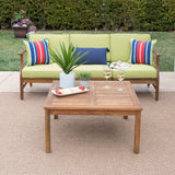 Perla Outdoor 3 Seater Teak Finished Acacia Wood Sofa and Table Set with Green Water Resistant Cushions Noble House