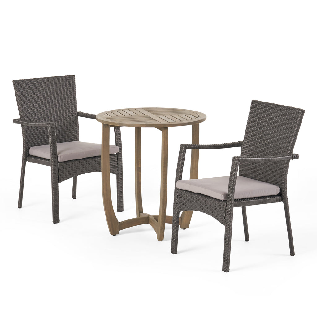 Sloane Outdoor 3 Piece Wood and Wicker Bistro Set, Gray and Gray Noble House
